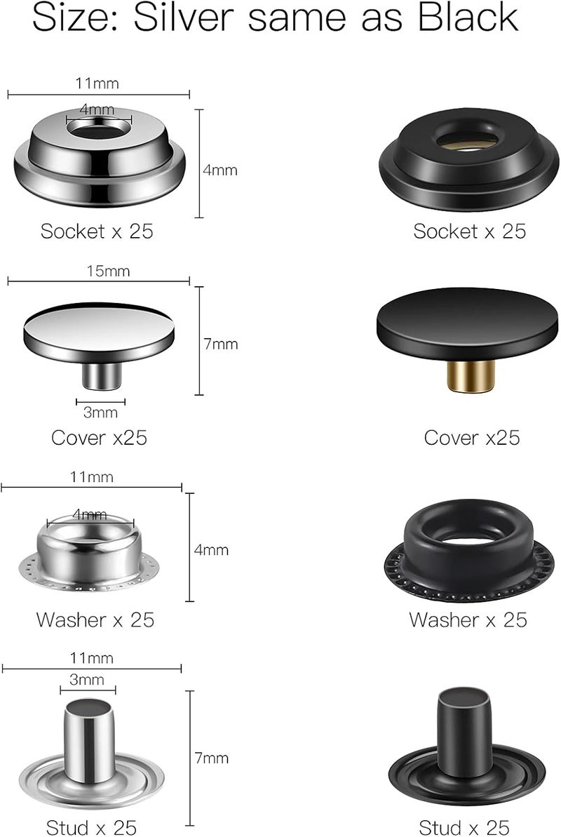 Moocci 5/8 inch (15mm) Leather Snap Fastener Kit Tool 200 Pcs (50 Sets) Snaps for Leather Stainless Snap Buttons for Bag, Jeans, Clothes, Fabric (Silver+Black) - Image 2